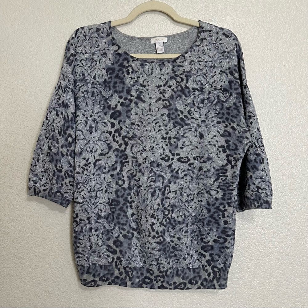 Chico's Leopard Print Metallic 3/4 Sleeves Sweater, Sz Large